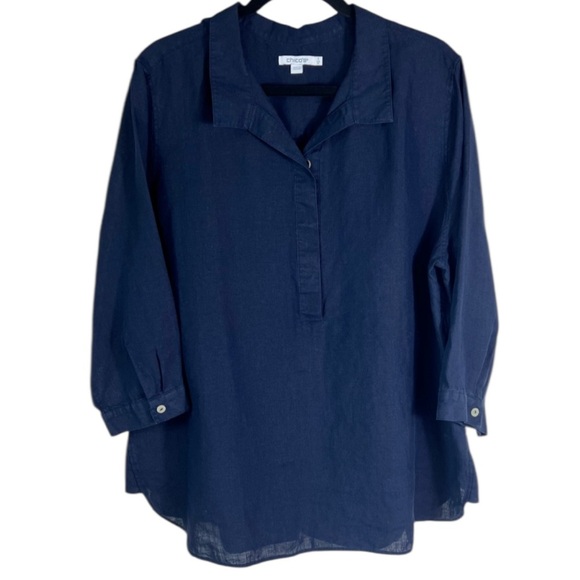 Chico's 100% Linen Button Blouse Faux Button Back 3/4 Sleeve Navy 3/16 Lagenlook